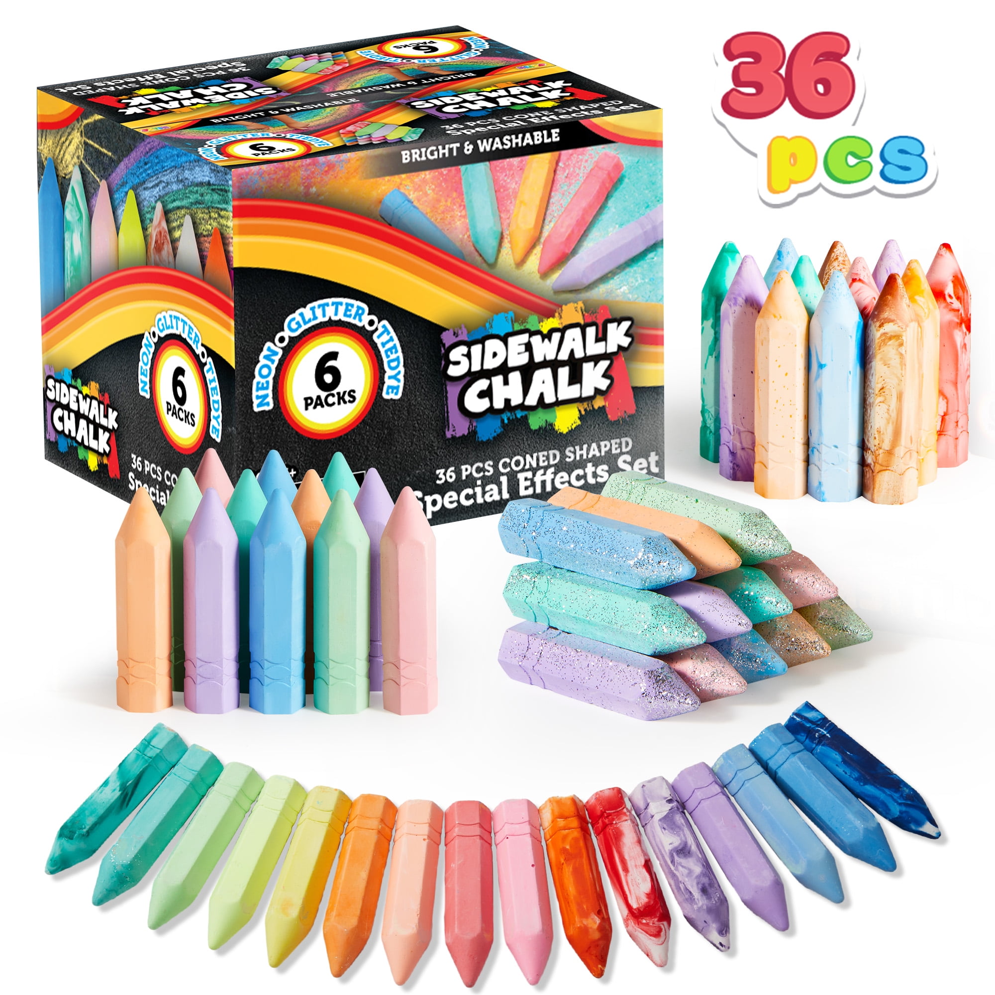 Joyfy 36 Pcs Sidewalk Chalk for Kids, 12 Tie Dye Sidewalk Chalks, 12 Glitter Chalks And 12 Neon Color Chalks, Street Chalk Set For Painting, Drawing