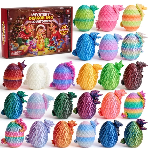 Joyfy 2026 Christmas Advent Calendar 3D Printed Dragon Eggs, 24Pcs with 68 Assorted Styles & Rainbow Iridescent Designs, Xmas Countdown Stocking Stuffer Gift for Kids Boys & Girls