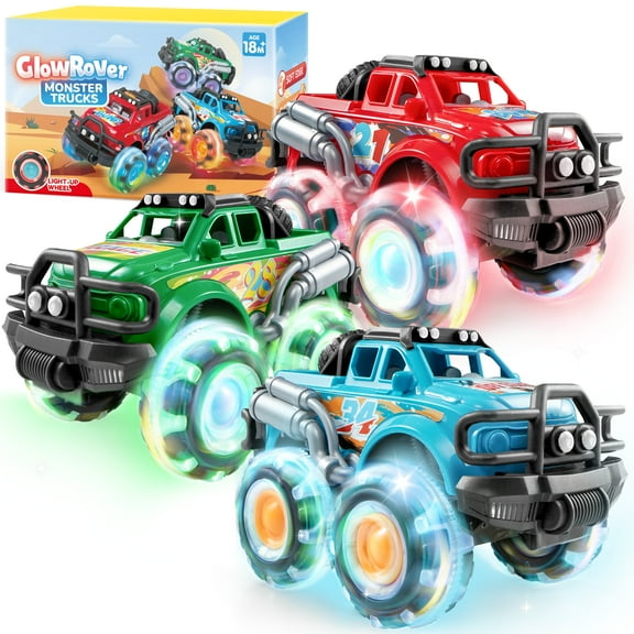 Joyfy 3PCS Monster Friction-Powered Truck Toy for Kids, Friction Powered Toy Truck with Flashing LED Wheel, Great Christmas Birthday Gift for Toddler 1 2 3