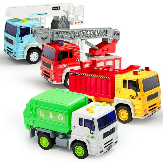 Joyfy 4 Pack Friction Powered City Vehicles, Big Carrier Truck with Lights and Sounds, with Garbage Truck, Fire Engine Truck, Boom Lift Truck & Construction Dump Truck, Birthday Gifts for Kids 3-8