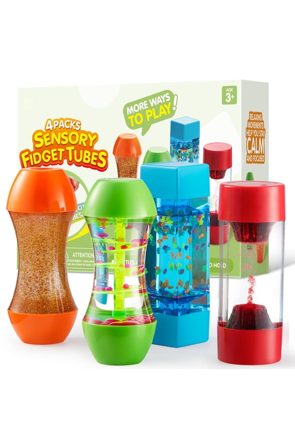 4-Pack Sensory Tubes Fidget Toys for Toddlers, Stress Relief Items, Christmas Birthday Best Gifts for Kids with Autism, Speech Therapy, Calm Down Corner Supplies, Autistic Sensory Toy