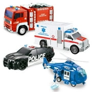Joyfy 4 Packs Emergency Vehicle Playset, Friction Powered Truck Toy Include Ambulance, Fire Truck, Police Car and Helicopter, Birthday Gifts for Kids Toddler 2 3 4 5 6 Years Old