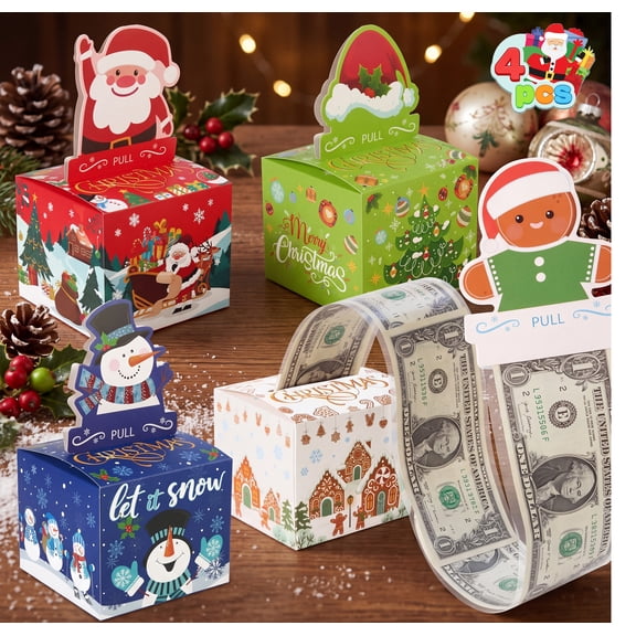 Joyfy 4 Pcs Christmas Money Box for Cash Gift Pull, Surprise Box Gift Boxes for Money, Xmas Holiday Birthday Cash Boxes with 200PCS Transparent Bags for Kids Adults Gifts Giving, Family Party Favors