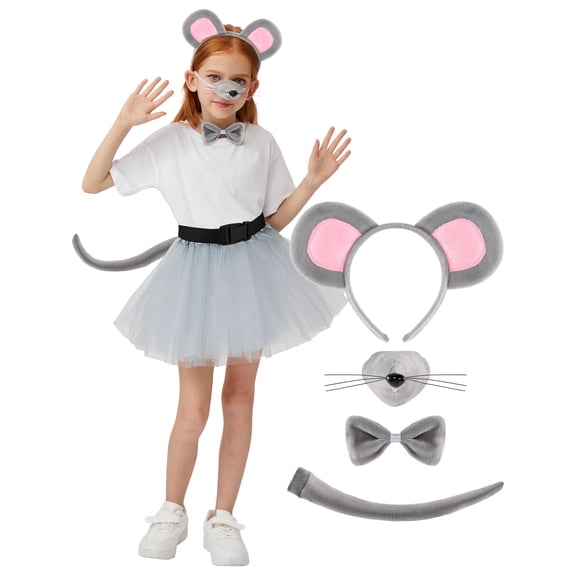 Joyfy 4 Pcs Grey Mouse Costume Accessory Set for Adults and Kids, Rat Mouse Ears Headband, Halloween Animal Costume Accessories Set, Kids Dress Up Costume