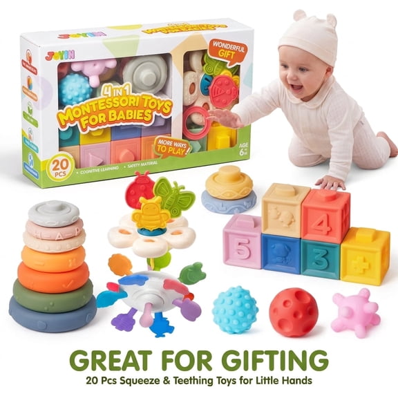 Joyfy Montessori Baby Toys for 6-18 Months Pull String Teether Stacking Blocks Sensory Shapes Colorful Storage Bin 4 in 1 Toddlers Toy