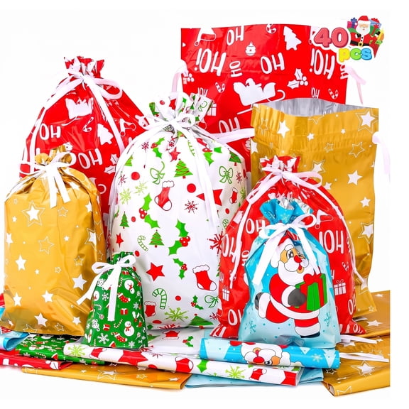 Joyfy 40 Pcs Christmas Drawstrings Foil Gift Bags, Xmas Wrapping Gift Assorted Size with Present Tag for Christmas Holiday Party Favor, Reusable Wrap Goodie Bag Decorations