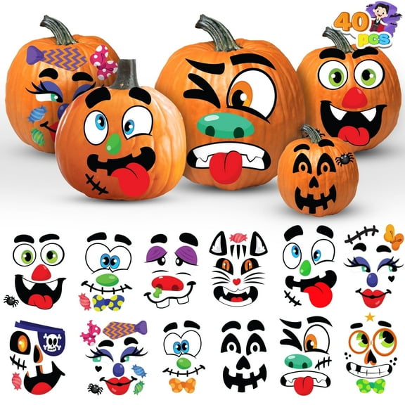 Joyfy 40 Pcs Halloween Stickers Pumpkin Decorations Kit with 12 Designs,Pumpkin Face Stickers for Halloween Party Supplies Games,Halloween Crafts for Kids