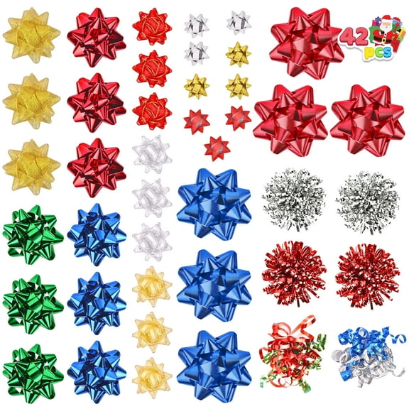 Joyfy 42 Pcs Christmas Gift Pull Bows with Ribbon Assorted Size Self Adhesive Gift Wrapping Accessory for Presents, Bows, Baskets, Wine Bottles Decoration, Gift Wrapping and Decoration Present