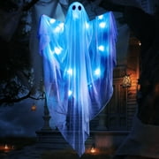 Joyfy 47 Inch Hanging Ghosts Halloween Decor,Halloween Light up White Ghosts with Spooky White LED Light,Halloween Outdoor Yard Porch Decorations,Haunted House Decorations