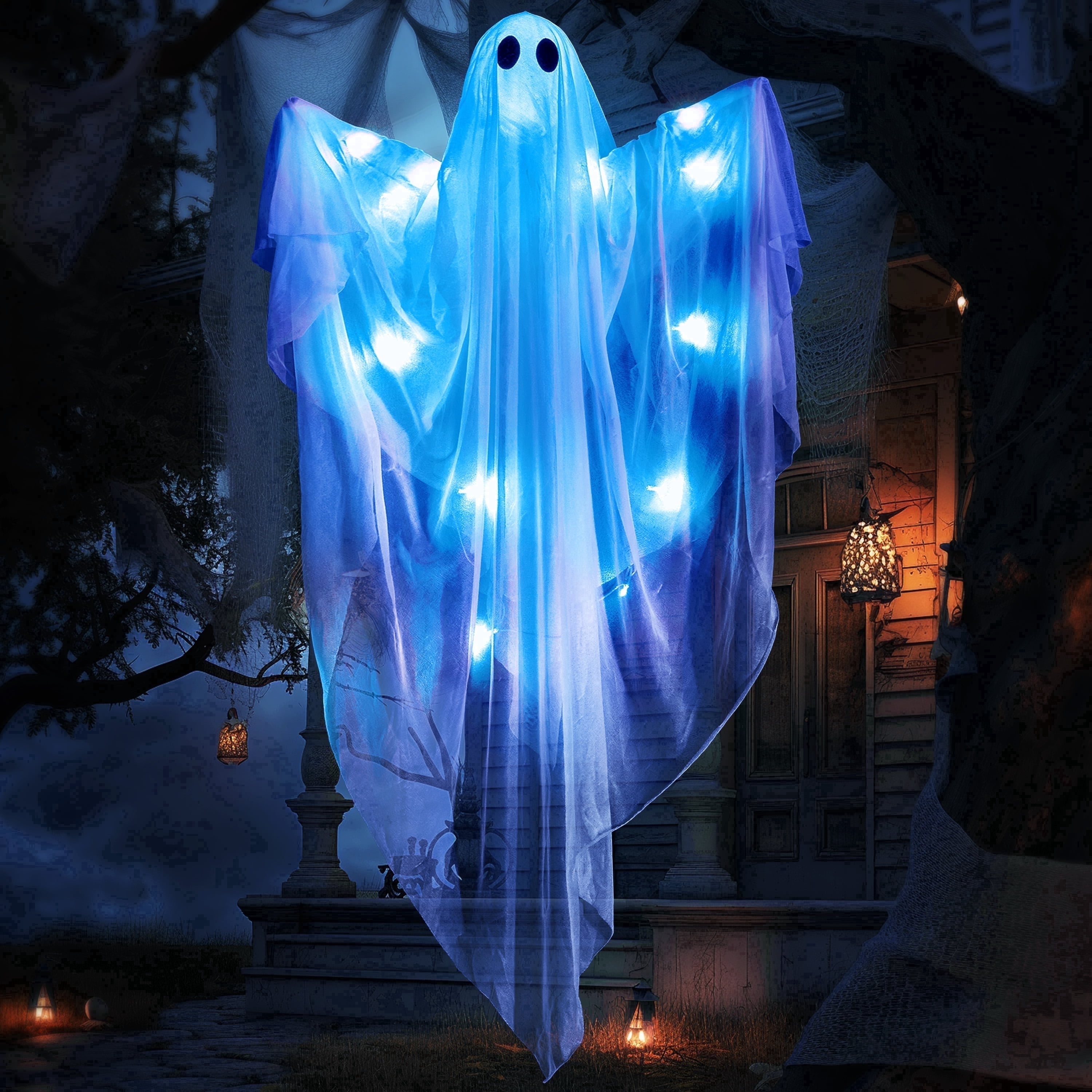 Joyfy 47" Halloween Hanging Light up Ghost Decorations Outdoor,White Ghosts with Blue LED Light and Timer Halloween Hanging Decoration Waterproof for Front Yard Patio Lawn