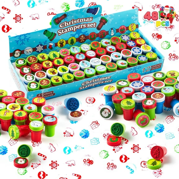 Joyfy 48 Pcs Christmas Stamps for Kids, Self-Ink Stampers (12 Different Designs, Plastic Stamps) for Christmas Party Favors, Stocking Stuffers, Kids Crafts, School Prizes and Goodies