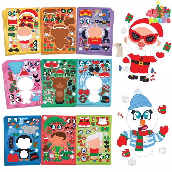 Joyfy 48 Pack Christmas Make a Face Stickers, 9 Holiday Character Designs, 8 x 5.4 in Non-Removable Self-Adhesive Craft Sheets for Kids Classroom Parties, Stocking Stuffers and Family Fun