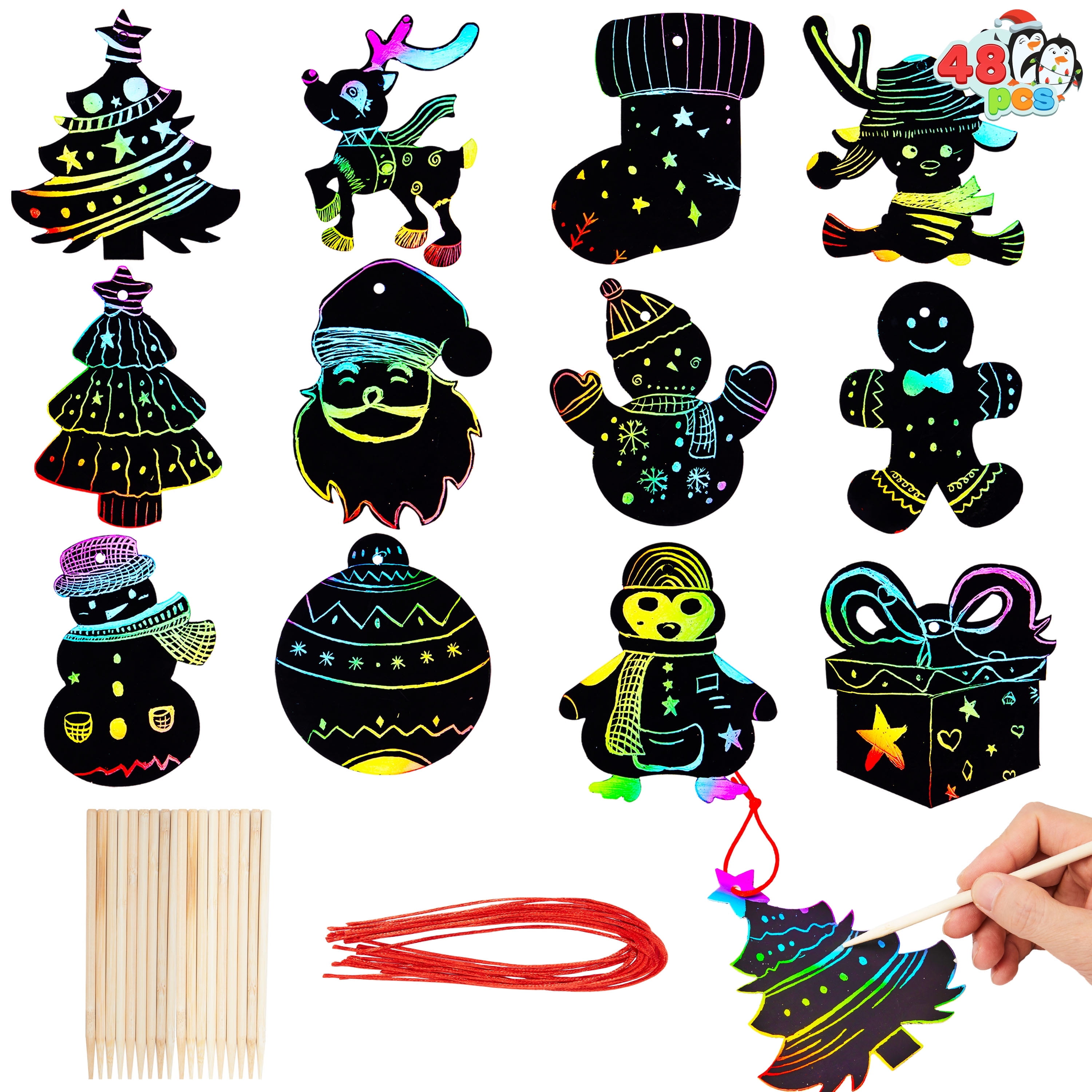 Joyfy 48 Pcs Christmas Scratch Art Ornaments, Scratch Off Kids