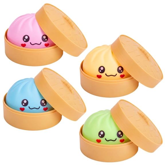 Joyfy 4PCS Dumpling Squishy Toys with Steamer Box, Soft Squeeze Stress Relief Toys for Kids and Adults, Fidget Sensory Toys for Party Favors, Birthday & Christmas