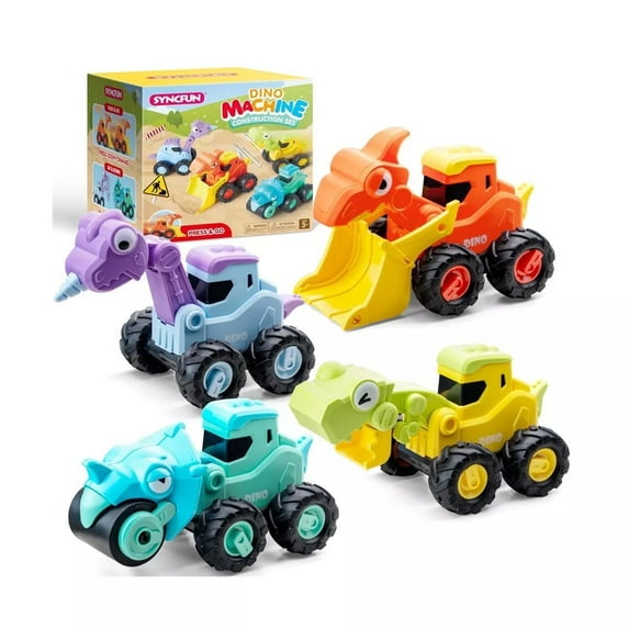 Joyfy 4Pack Dinosaur Construction Vehicles Set, Baby Toy Cars for Toddlers, Car Toys for 1 2 3 Year Old Boys Girls Kids, Best Birthday Gifts for Toddler