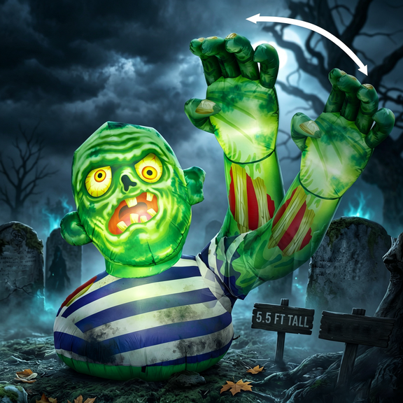 Joyfy 5.5FT Halloween Inflatable Zombie Decoration with Waving Raised Hand & Built-in LED Lights,Blow Up Zombie for Outdoor Yard Lawn Garden Porch Patio Home,Spooky Halloween Decor