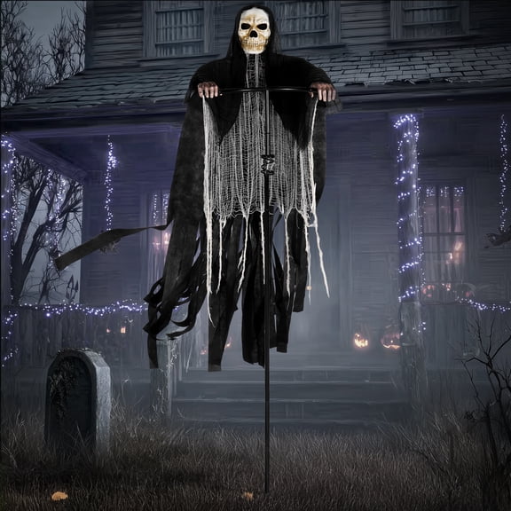 Joyfy 5.9 Ft Halloween Grim Reaper Decorations Outdoor, Rotatable Flying Scream Scarecrow Skeleton Ghosts Decor for Graveyard Haunted House Props, Garden, Porch, Yard Lawn