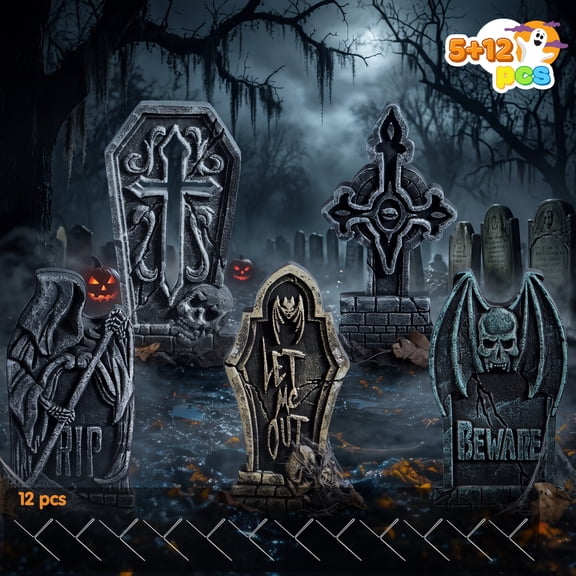 Joyfy 5 Pack 17 inch Large 3D Halloween Decorations Outdoor Tombstones, Easy Set Up Waterproof 1.5 inch Thick Reusable Graveyard Foam Gravestones with 12 Metal Stakes for Indoor Outdoor Garden Decor