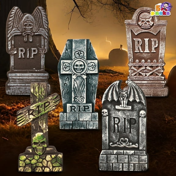 Joyfy 5 Pack Halloween Tombstone Gravestone Yard Signs with 12 Metal Stakes,17" Foam RIP Graveyard Tombstones for Decorations Outdoor Lawn Garden Decorations