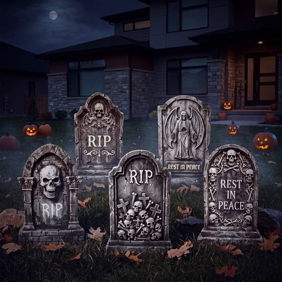 Joyfy 25.2" Halloween 5 Pcs Extra Large Tombstones Decorations, GraveYard Signs Cemetery Headstones Scary Outdoor Halloween Decor with Metal Stakes for Easy Set Up, Waterproof for Garden Lawn