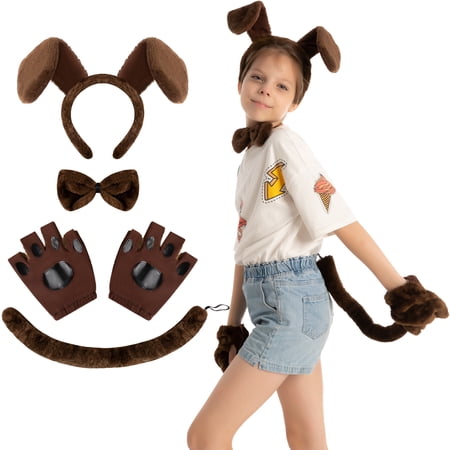 Joyfy 5 Pcs Animal Dog Puppy Costume Accessories Set for Adult & Kids, Halloween Party Dress-up Accessories Set with Dog Puppy Ears Headband, Bowtie, Gloves and Tail Animal Costume Accessories