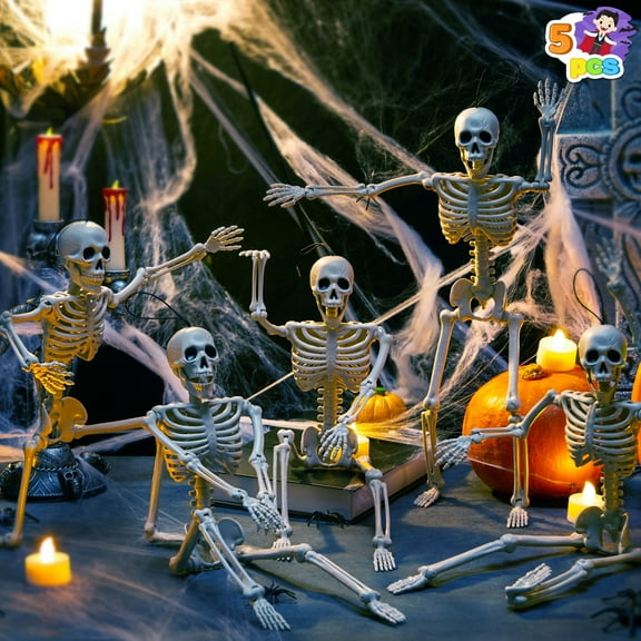 Joyfy 5 Pcs Halloween Skeleton Decorations,16 inch Full Body Poseable Skeleton with Movable Joints for Halloween Indoor Outdoor Party,Graveyard,Haunted House Accessories,White