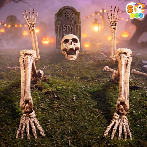 Joyfy 5 Pcs Realistic Posable Halloween Skeleton Stakes Decorations Outdoor,Life Size Skeleton Yard Stakes, Waterproof Groundbreaker Skulls Decor for Graveyard Yard Lawn Garden
