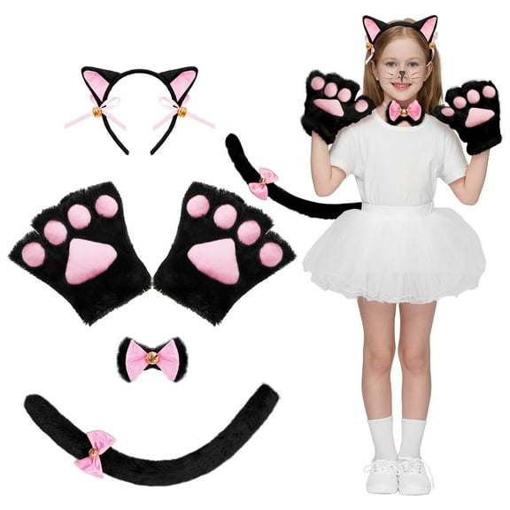Joyfy 5 Pcs Kitty Cat Halloween Costumes Accessory Set for Adults & Kids, Halloween Party Cosplay with Cat Ears Headband, Paws Gloves, Bow Tie, Tail