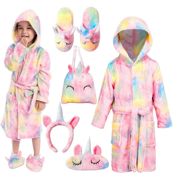 Joyfy 5 Pcs Unicorn Kids Robes Set for Girls Boys with Matching Slippers, Headband, Cosmestic Bag, and Sleep Mask, Soft Plush Kids Hooded Bathrobe Bath Towel Robe, Gift for 5 - 10 Years