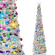 Joyfy 5ft Pop up Christmas Tree with Tree Toppers and lights,Color Artificial Pencil Tinsel Xmas Trees for Christmas Indoor Decorations,Collapsible Xmas Tree(Green and White)