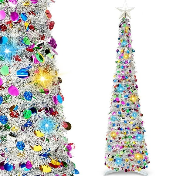 Joyfy 5ft Pop up Christmas Tree with Tree Toppers and lights,Color Artificial Pencil Tinsel Xmas Trees for Christmas Indoor Decorations,Collapsible Xmas Tree(Green and White)
