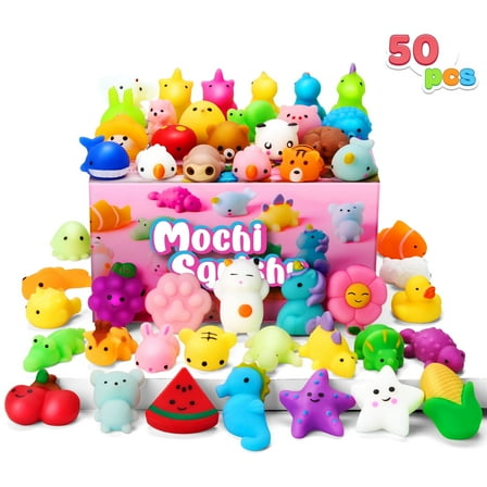 Joyfy 50 Pcs Mochi Squishy Toys Set Mini Mochi Party Favors for Kids & Adults Kawaii Fidget Toys for Stress Relief, Small Prize Box Toys for Kids Classroom, Pinata Stuffers