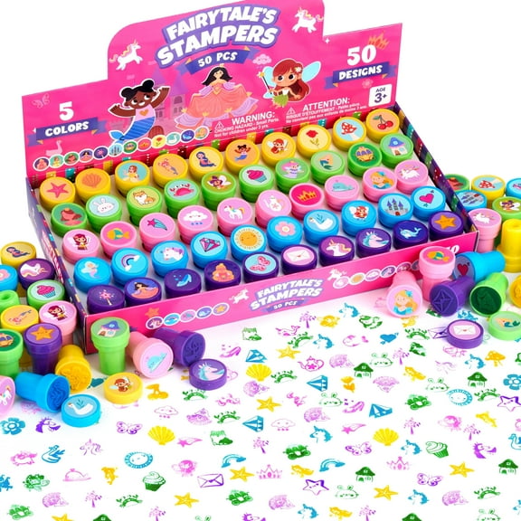 Joyfy 50 Pcs FairyTale's Themed Stamps for Girl, Self-Ink Stampers with 50 Designs, Mermaid & Princess & Unicorn Theme Birthday Party Favor, Kids Classroom Prize, Toy for Halloween & Christmas