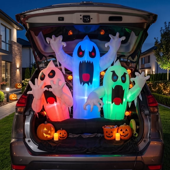 Joyfy 5 FT Halloween Inflatable Ghost Decoration with Colorful LEDs,Trunk or Treat Car Decorations Kit Ghost Trio with Built-in LED Light for Halloween Party Indoor,Outdoor,Yard,Garden Decor