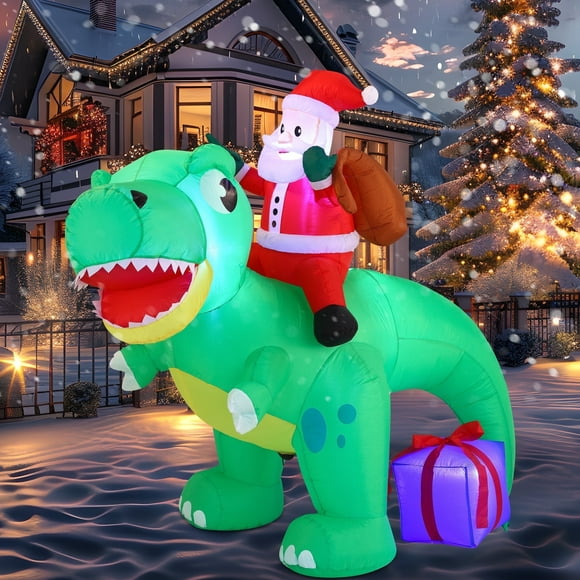 Joyfy 6 FT Christmas Inflatables Santa Dinosaur Outdoor Decorations,Dinosaur with Santa Christmas Blow Ups Yard Christmas with Built-in LEDs for Holiday Party Garden Lawn Decor