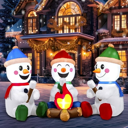 Joyfy 6 FT Christmas Inflatables Snowman Outdoor Decorations,Long Snowman with Campfire Christmas Blow Ups Yard with Built-in LEDs for Holiday Party Garden Lawn Decor