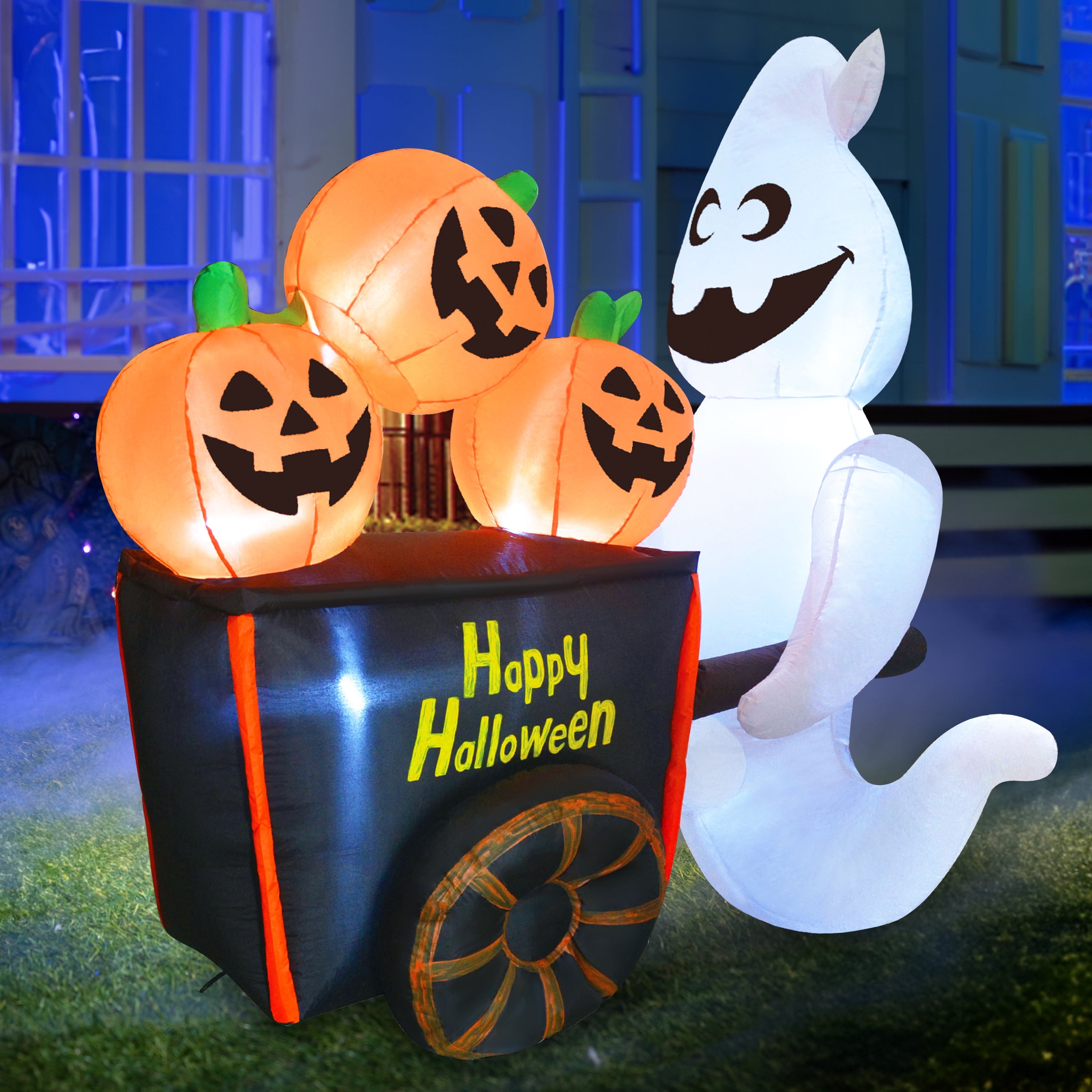 Pumkin Inflatable Joyfy 6 FT Halloween Inflatable Ghost Pushing Pumpkin Cart Decorations ...