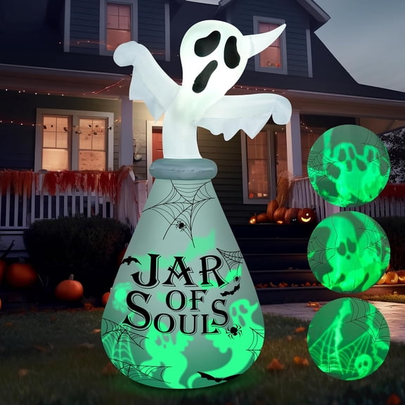 Joyfy 6 ft Halloween Inflatable Ghost in Jar,Halloween Outdoor Decoration with Green LED Projection,Blow Up Decor for Yard & Garden Party