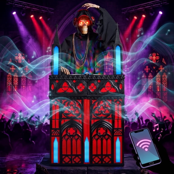 Joyfy 6ft Halloween Animatronic DJ Reaper Decorations for Outdoor & Indoor, Life-Size Gothic Skeleton DJ with Bluetooth Speaker, RGB Lights & Motion Activated Head, Creepy Halloween Decor for Yard
