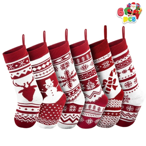 Joyfy 6 Pcs 18" Knit Christmas Stockings, Large Rustic Yarn Christmas Stockings Bulk for Family Holiday Decorations, with Snowflake Snowman Reindeer Character for Christmas Tree Fireplace Decoration