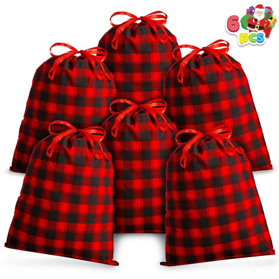 Joyfy 6 Pcs Christmas Fabric Drawstring Gift Bags 19" x 14.5" Reusable Christmas Sacks Buffalo Plaid Pouches Gift Wrapping Bag Set for Xmas Holiday Presents Décor, Giant Gifts Decorations