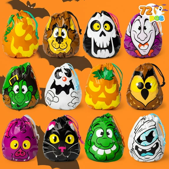 Joyfy 72PCS Halloween Treat Bags, Drawstring Goody Bags for Kids, Trick or Treats Bags, Candy Gift Bags Bulk for Halloween Party Favors Supplies