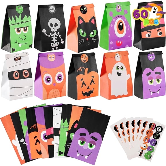 Joyfy 60 PCS Halloween Treat Bags with Stickers, Halloween Trick or Treat Bags for Kids Halloween Party Favors Exchange, Goodie and Candy Bags for Holiday Party Supplies