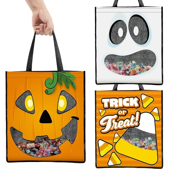 SYNCFUN 3 PCS Halloween Goodie Candy Bags Large, 22.5” x 13.4” Halloween Tote See-through Bags for Kids Trick or Treating, Grocery Shopping Gifts Tote with Handles, Classroom Party Favor Supplies