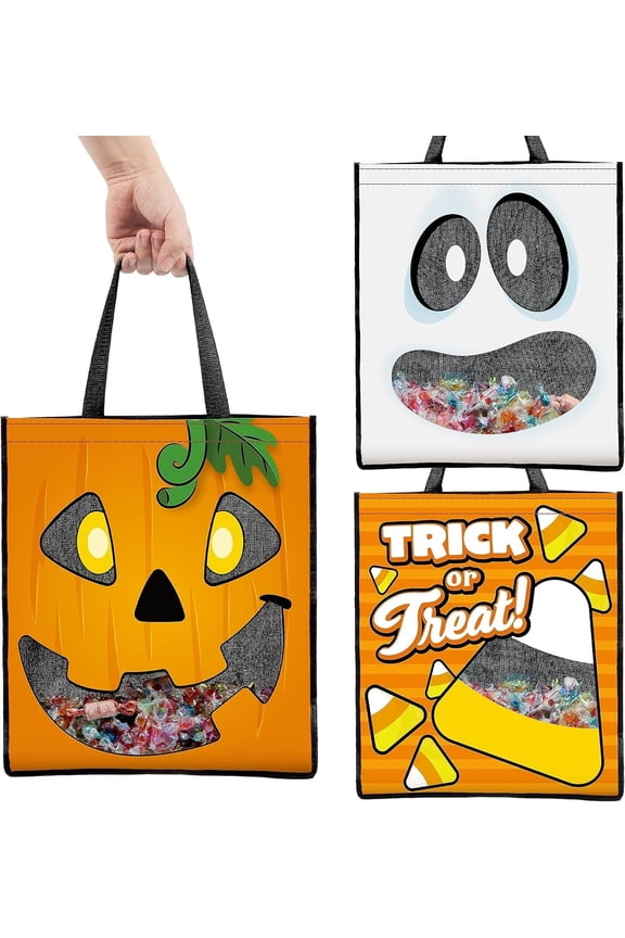 3 PCS Halloween Goodie Candy Bags Large, 22.5” x 13.4” Halloween Tote See-through Bags for Kids Trick or Treating, Grocery Shopping Gifts Tote with Handles, Classroom Party Favor Supplies