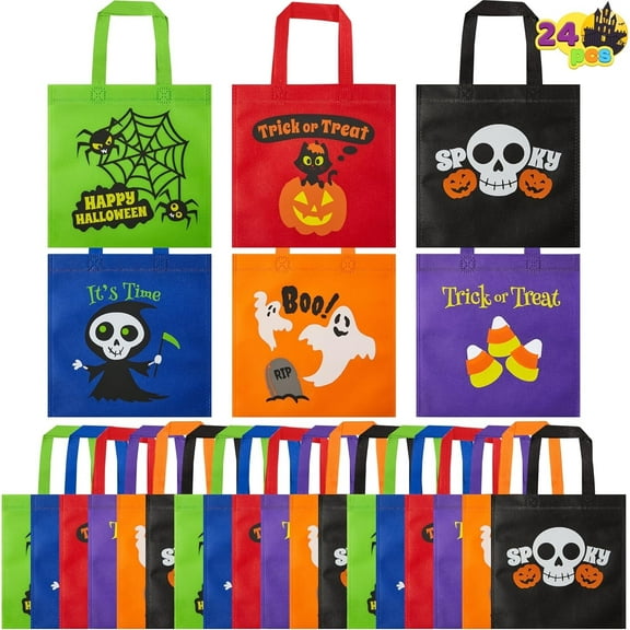 Joyfy 24PCS Halloween Non-Woven Treat Bags, 9" Goodie Bags with Handles, Halloween Candy Bags for Kids Trick or Treating Bags, 6 Cute Designs Gifts Goody Bag Bulk for Classroom Party Favor Supplies