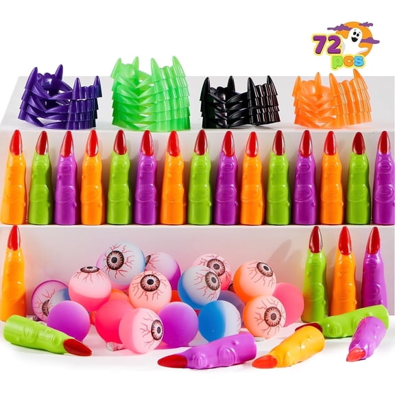 Joyfy 72 PCS Halloween Party Favors Game Toy Gifts-Scary Eyeballs, Witch Fingers and Vampire Teeth Set for Kids Child Trick or Treat Party Supplies, Gift Exchange