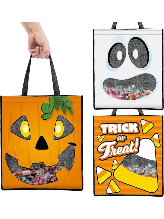 3 PCS Halloween Goodie Candy Bags Large, 22.5” x 13.4” Halloween Tote See-through Bags for Kids Trick or Treating, Grocery Shopping Gifts Tote with Handles, Classroom Party Favor Supplies