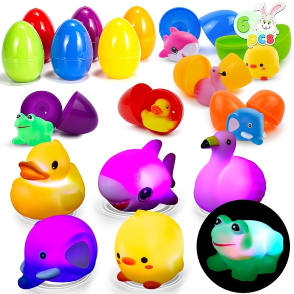 Joyfy 6 Pcs Prefilled Easter Eggs with Light Up Bath Toys Toys Inside for Kids Boys Girls Toddlers,Easter Basket Stuffers Gifts Party Favors