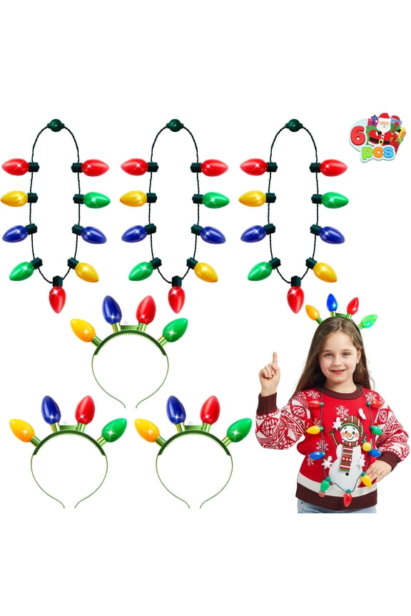 6 PCS Christmas LED Light up Necklaces and Headbands, 6 Flashing Modes LED Necklace & Headbands, Holiday Costume Accessories for Christmas Party Favor Party Supplies